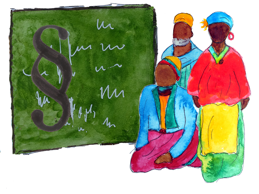 Personen schauen auf eine Tafel, wo ein Paragrafenzeichen abgebildet ist.