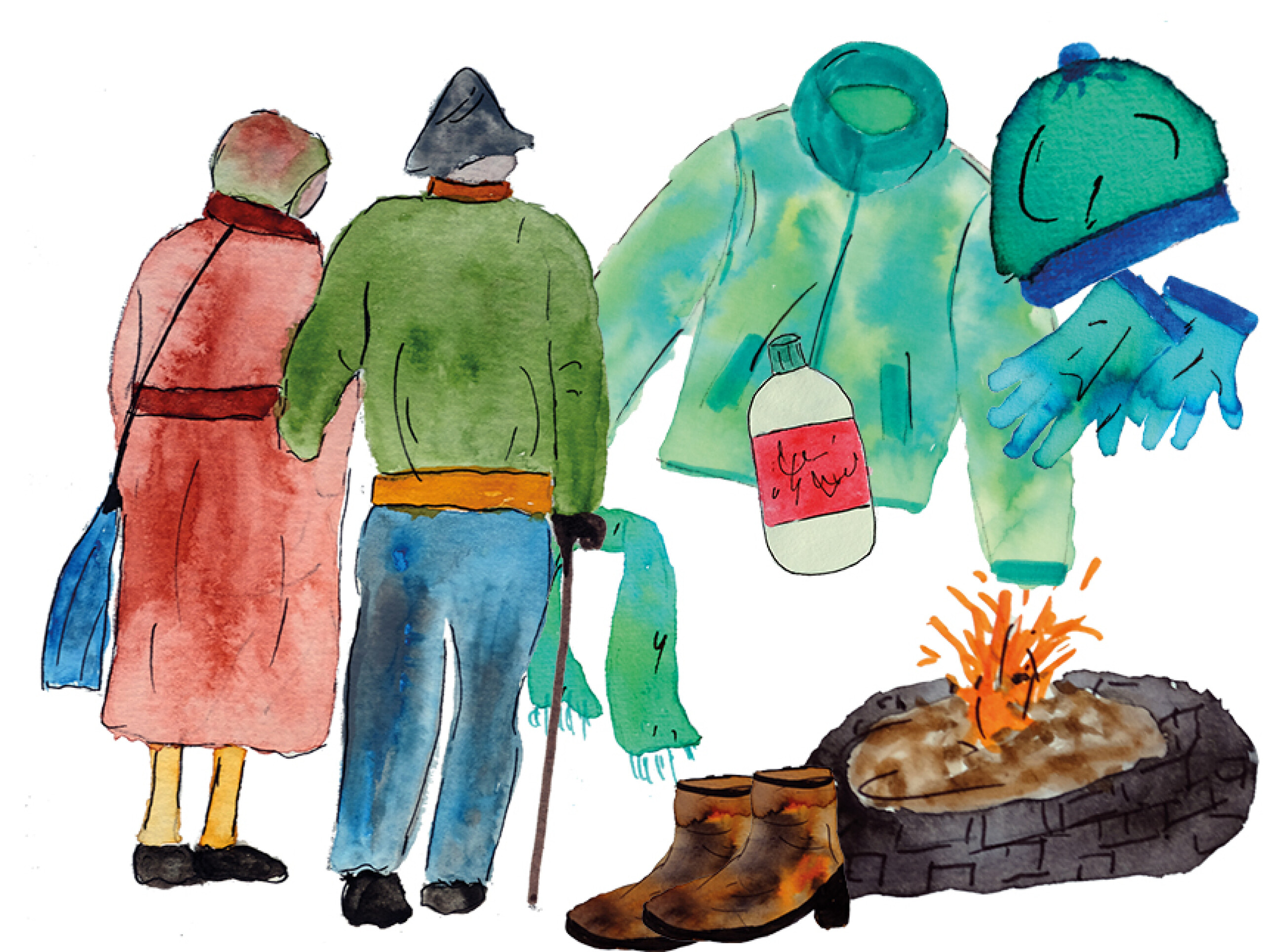 Ältere Menschen schauen auf Sachen für kalte Tage, wie z.B. Mütze Handschuhe und Jacke